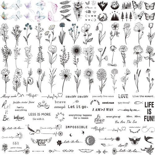100 Sheets Realistic Temporary Tattoos, 240+ Pcs Tiny Fake Tattoos, 40 Sheets Inspirational Words Tattoos, 60 Sheets Butterflies Feathers Flower Temporary Tattoos Stickers (Bigger Size: 2.4"x4.1")