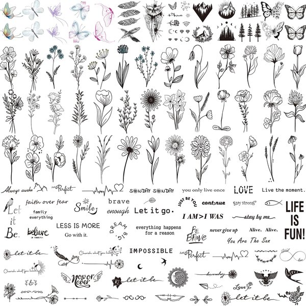 100 Sheets Realistic Temporary Tattoos, 240+ Pcs Tiny Fake Tattoos, 40 Sheets Inspirational Words Tattoos, 60 Sheets Butterflies Feathers Flower Temporary Tattoos Stickers (Bigger Size: 2.4"x4.1")