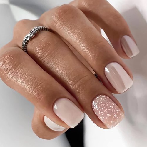 24 Pcs Nude Pink Press on Nails Short Fake Nails Square Glitter Designs False Nails with Glossy Acrylic Stick on Nails Spring Summer Full Cover Nails for Women Girls