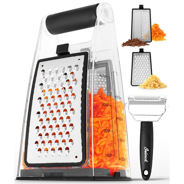 Joined Cheese Grater with Container - Box Grater Cheese Shredder Lemon Zester Grater - Cheese Grater with Handle - Graters for Kitchen Stainless Steel Food Grater - Hand Grater and Vegetable Peeler