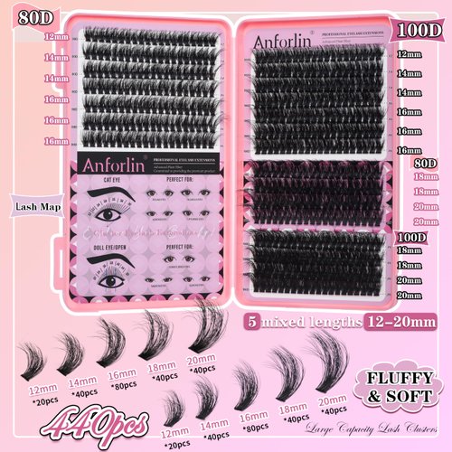 Fluffy Lash Clusters 440 PCS 12-20mm Mix False Eyelashes 80D&100D Individual Lashes D Curl Eyelash Clusters Soft Wispy Volume Eyelash Clusters DIY Lash Extension for Beginners, by Anforlin