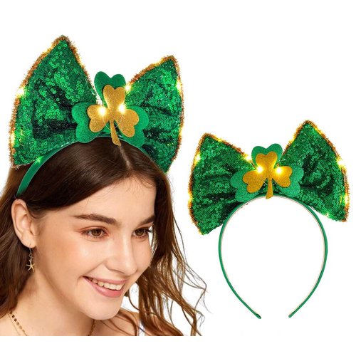 Coridy Light Up Green Bow Headbands LED Irish Shamrock Clover Hairbands Glitter Sequin Bowknot Hair Band St Patrick's Day Hair Accessory for Women Girls