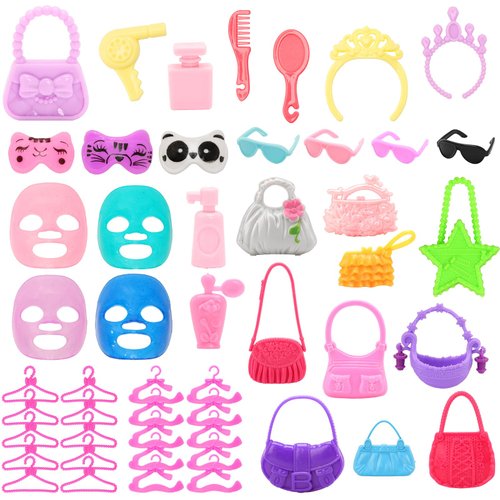 BARWA 50 Pcs Doll Accessories Include 8 Dollhouse Crown Headband Hair Dryer, 20 Bow Hangers, 8 Facial Mask Sets, 10 Bags, 4 Glasses for 11.5 Inch Girl Dolls
