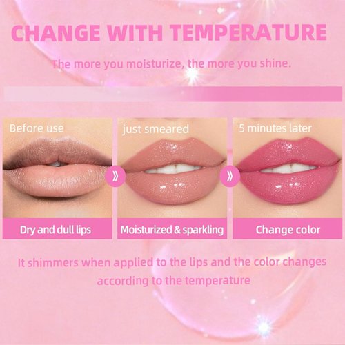 Color Changing Lip Oil PH，Warm Change Glitter Lip Gloss，Magic Big Brush Color Changing Lip Oil，Long Lasting Nourishing Lip Glow Oil Non-sticky Primer Lip Tint