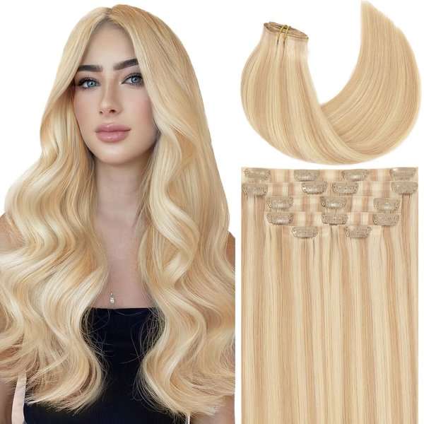 Clip in Hair Extensions 100% Remy Human Hair New Technology PU Weft Seamless Hair Extensions Natural Straight Light Golden Brown Mixed With Platinum Blonde Piano #12/60A 14inch 110gram 7pcs