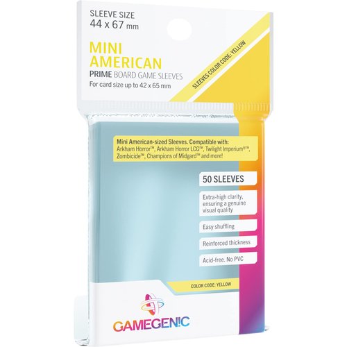 Prime Board Game Sleeves | Pack of 50 Extra-Clear Sleeves | 44 by 67 mm Card Sleeves Optimized for Mini American Card Games | Premium Card Protection | FFG Yellow Color Code | Made by Gamegenic