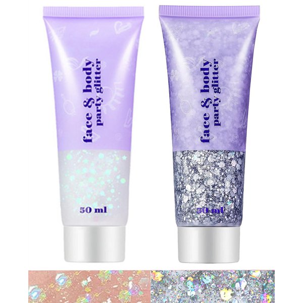 Go Ho Silver and White Body Glitter Set,Singer Concerts Face Glitter Gel Makeup,Holographic Long Lasting Chunky Sequins Glitters for Eye Lip Hair Nails,Festival Rave Accessories,Silver&White Glitter