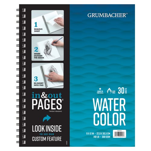 Grumbacher 9" x 12" Cold Press Watercolor Paper Pad with In & Out Pages, 140 lb. / 300 GSM, Top Wire Bound, 30 Sheets/Pad, 1 Each, White