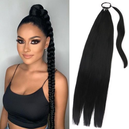 Long Braided Ponytail Extensions for Women, 32 inch Straight Wrap Around Hair Extensions With Hair Tie,Natural Soft DIY Synthetic Hair Ponytail Extensions (1b#-Natural Black)