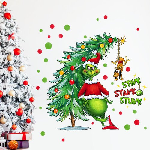 Yovkky Merry Christmas Wall Decals Stickers, Xmas Tree Max Dog 2024 New Year Bedroom Decor Home Kitchen Decorations, Winter Holiday Red Green Polka Dots Farmhouse Living Room Art Kids Boys Girls Gift