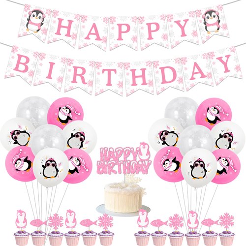 kreat4joy Penguin Birthday Decorations Girl, Penguin Happy Birthday Banner Cupcake Cake Toppers Balloons for Penguin Animal Winter Birthday Party Decorations