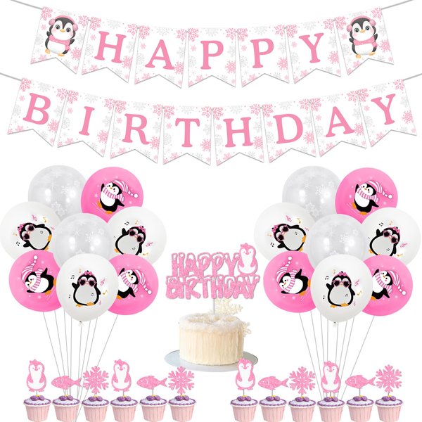 kreat4joy Penguin Birthday Decorations Girl, Penguin Happy Birthday Banner Cupcake Cake Toppers Balloons for Penguin Animal Winter Birthday Party Decorations