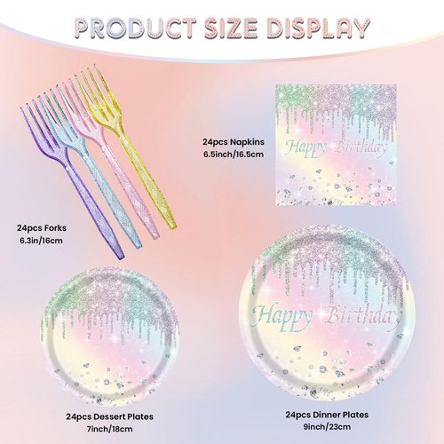 96PCS Happy Birthday Party Supplies Iridescent Glitter Diamond Theme Party Decorations Set Include Paper Plates, Napkins, Forks Disposable Tableware for Women, Girls Birthday Party, Serves 24 Guests