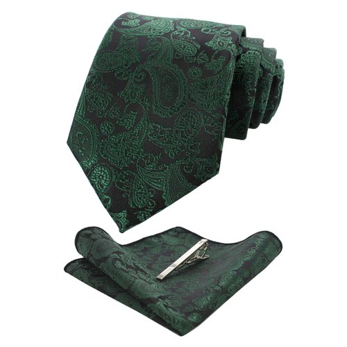 JEMYGINS Dark Green Paisley Tie Wedding Business Silk Necktie and Pocket Square, Hankerchief with Tie Clip Sets for Men(7)