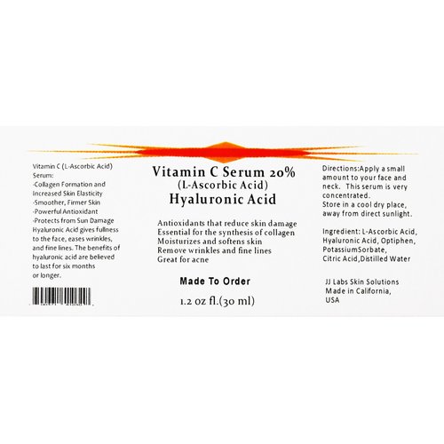 Vitamin C Skin Serum 20% (L-ascorbic Acid) with Pure Hyaluronic Acid Anti Aging Serum