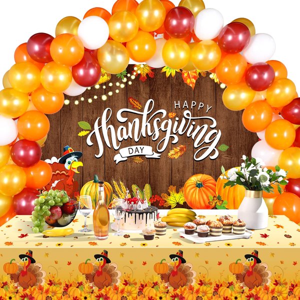 Thanksgiving Fall Party Decorations Include Happy Thanksgiving Backdrop Banner, Orange Gold Confetti Balloons Kit, Thanksgiving Turkey Tablecloths for Autumn Thanksgiving Party Supplies Decor