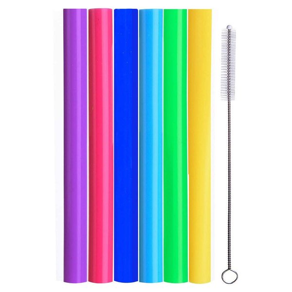 ALINK Reusable Boba Smoothie Straws, 10” Long Extra Wide Fat Silicone Straws for Drinking Bubble Tea, Set of 6 with Cleaning Brush