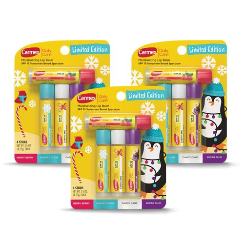 Carmex Daily Care Moisturizing Lip Balm Holiday Sticks, 12 Count (3 Packs of 4)