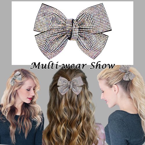 AHONEY Rhinestone Hair Bows for Women Big Hair Bow Clip, Hair Bling Glitter Hair Clips Sparkly Rhinestone Barrettes for Women Girls Holiday Hair Accessories Christmas Gift (AB Silver)