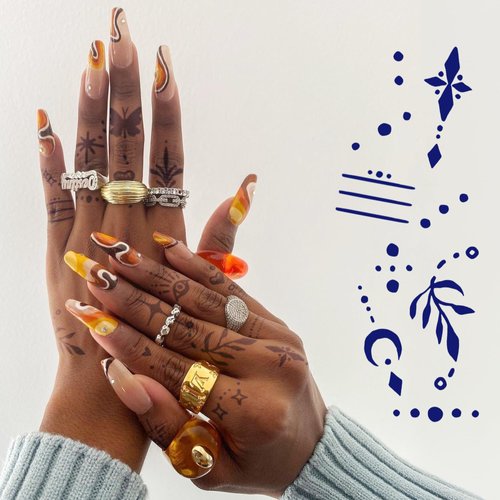 YLOKO Finger Tattoo Stickers, 3 Sheets Temporary Tattoo Stickers, Adult Women Semi Permanent Henna Tattoo, Hand Fake Tattoos, Safe Plant Ingredients, Lasts 7-14 Days, Waterproof, Matte Deep Blue-S6
