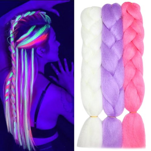Christmas Colored Jumbo Braiding Hair Extensions Glow in the Dark Hair 24inch 3Pack Synthetic Hair for Braiding Muticolor Neon Glowing Braiding Hair(White/Purple/Hot Pink)