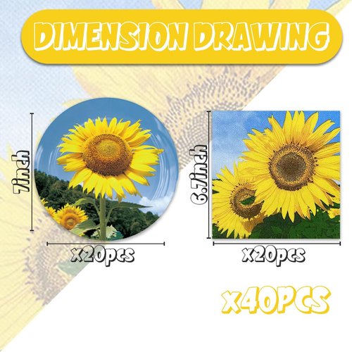 40Pcs Sunflower Party Supplies 20 Plates + 20 Napkin Sunflower Birthday Party Decorations (Sunflower)