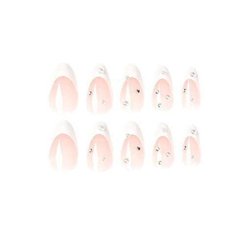 MISUD Medium Press on White Pearl Fake Stiletto Glossy False French Tip Glue on Almond Rhinestone Acrylic Nails for Women and Girls 24Pcs