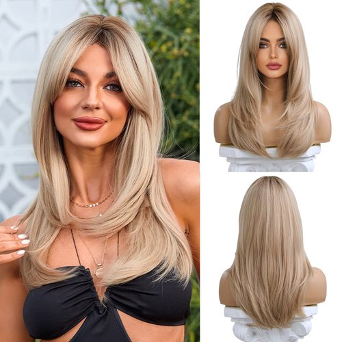 Esmee Long Blonde Wigs for Women Layered Synthetic Hair Ombre Wig with Dark Roots for Daily Party Cosplay Wea -20 Inches