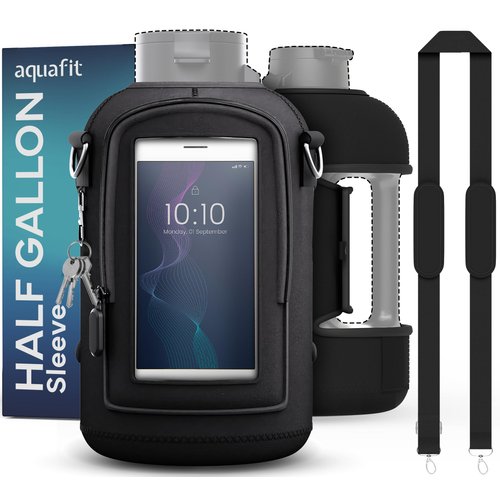 AQUAFIT Half Gallon Water Bottle Sleeve, Neoprene 64 oz Water Bottle Sleeve with Adjustable Shoulder Strap and Pocket, 64oz Water Bottle Sling Bag, Water Jug Holder (Sleeve Only - No Bottle, Black)