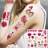 Pink Valentine's Day Theme Temporary Tattoo Rose Flowers Diamond Ring Dessert Arrow Bear Tattoo Stickers Waterproof Stickers Body Face Art Decoration(10 Sheets)