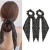 Floral Hair Scarf Scrunchies for Women Knotted Bow Hair Ties Ribbon Hair Band 2Pcs Black Ponytail Holders Hair Accessories for Women Girls Hair Scarf Scrunchie with Ribbon Floral Hair Tie