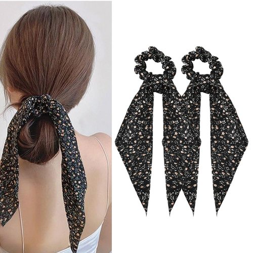 Floral Hair Scarf Scrunchies for Women Knotted Bow Hair Ties Ribbon Hair Band 2Pcs Black Ponytail...