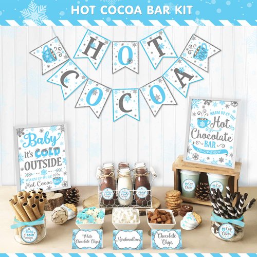 Hot Cocoa Bar Kit, Blue Silver Snowflake Hot Cocoa Banner Bar Sign Hot Chocolate Toppings Labels Cup Tags Stickers for Frozen Party Winter Wonderland Birthday Baby Shower Baby It's Cold Outside Decora