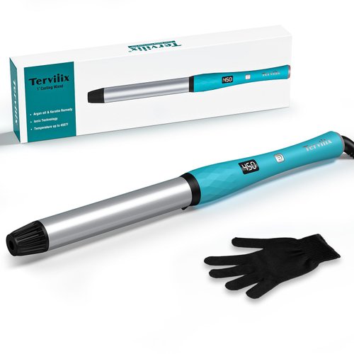 Terviiix Non-Clamp Curling Wand 1 Inch, Ceramic Wand Curler Produces Beach Wave for Medium and Long Hair, LCD Digital Display with 12 Heat Setting (250°F to 450°F for All Hair Types), Dual Voltage