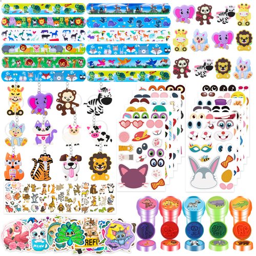 120pcs Jungle Safari Party Favors Set Stickers Keychains Rings Slap Bracelets Baby Shower Goodie ...