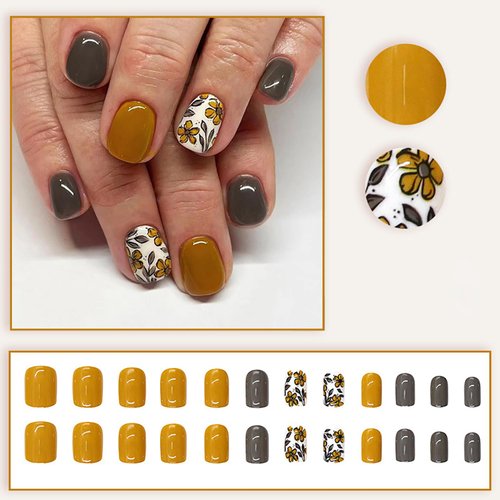 Square Fake Nails Short Press On Nails Fall False Nails With Flower Leaf Designs Brown Nails Press On s Full Cover Stick On Nails Short Acrylic Nails Glossy Glue On Nails For Women 24Pcs