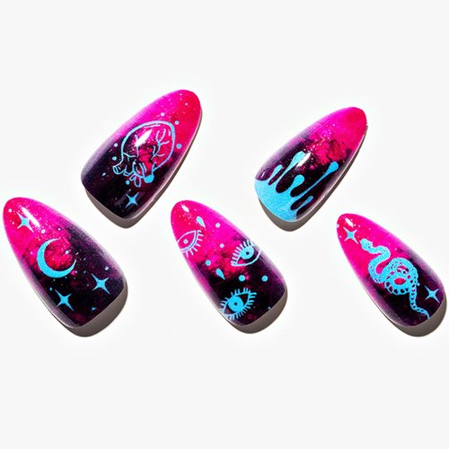 GLAMERMAID Press on Nails Medium Almond, Neon Green Ombre French Tip Fake Nails, Hot Pink Short Stiletto Glue on Gel Nails Star Constellation, Glitter Reusable Acrylic False Stick on Nails for Women