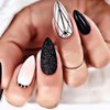 ANDGING Black Press on Nails Short Medium Almond Fake Nails Glue on Nails for Women with Matte White Glitter Rhinestone Design Cute Acrylic False Nails Stick on Nails for Wedding Birthday 24PC ALK688