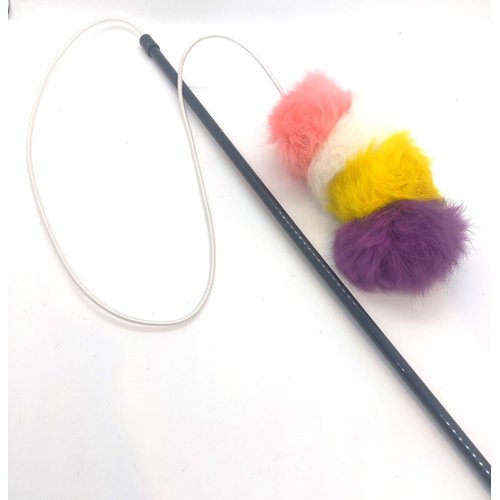 Kats'N Us Rabbit Fur Pom Pom Cat Teaser Wand - Light Pink, White, Yellow, Purple