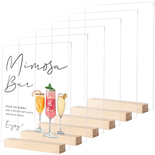 JINMURY Clear Acrylic Table Sign with Wood Stand-6 Pack 8x10 Inch Acrylic Sign Blank Acrylic Sheet and Wood Base, DIY Blank Acrylic Sign for Wedding Sign Menu Sign Bar List Sign
