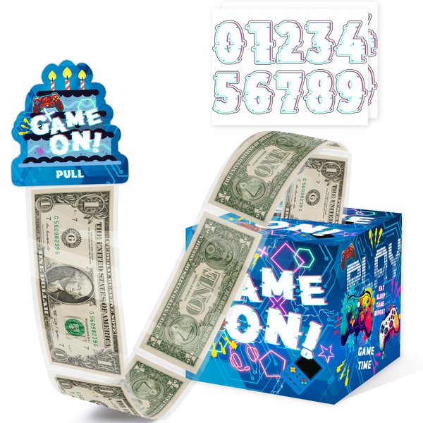 Misaidou Blue Video Game Birthday Money Gift Box with DIY Stickers for Any Age, Surprise Money Boxes for Cash Gift with Pull Out Happy Birthday Day Card and 100Pcs Transparent Bags for Boys Girls