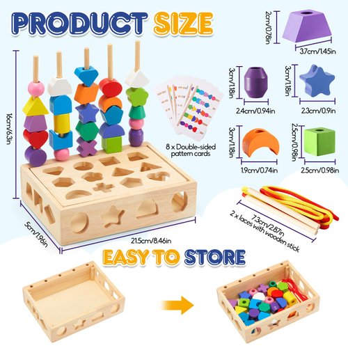 ZGIMI 3 in 1 Montessori Wooden Toys, Lacing Beads & Stacking Blocks & Shape Sorter Sequencing Toy Set, STEM Preschool Educational Learning Fine Motor Skills Toys for Toddlers 3 4 5 Years Gifts