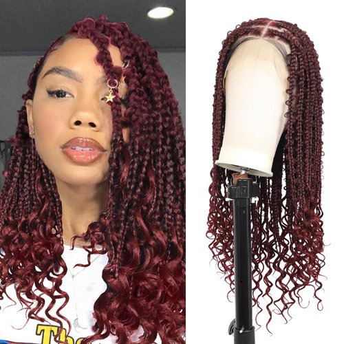 Olymei 360° HD Full Lace Braided Wigs for Women Knotless Butterfly Box Braided Wigs with Boho Curly Ends Braided Lace Front Wigs with Baby Hair Human Hair Blended Short Braided Wig 24" Burgundy