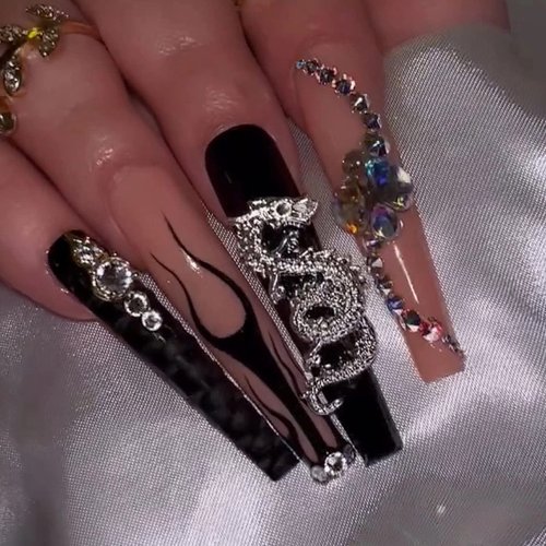 MISUD Long Coffin Press on Nails Ballerina Fake Nails Glossy Glue on Nails Black Flame Acrylic Nails Goth Artificial Nails Gothic Dragon Rhinestone Stick on False Nails with Design 24 pcs