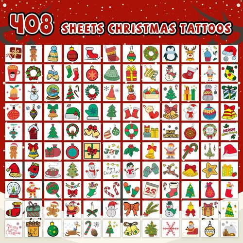 EMOME 408 PCS Individually Wrapped Christmas Tattoos for Kids, Christmas Stocking Stuffers Party Favors Supplies Decorations for Kids, Christmas Temporary Tattoo Stickers for Kids Boys Girls
