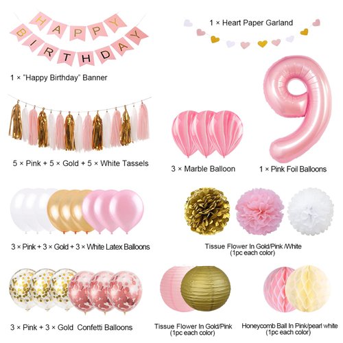 9th Birthday Girl Decoration, Girls 9th Birthday Decoration with Happy Birthday Banner, Number 9 Balloons for Pink and Gold Party Supplies Decoration 9th Birthday
