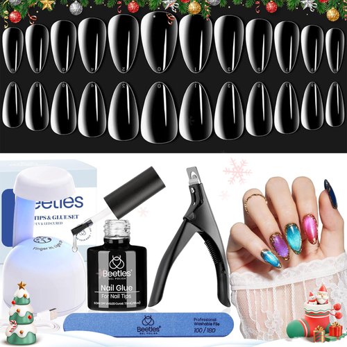 Beetles Gel Nail Kit Short Almonds, 240Pcs Easy Nail Extension Set Shaped Clear Tips with 5 in 1 Nail Glue Base & Top Coat and Mini UV Led Lamp, Nail Tips Art at Home Acrylic Nail Kit for Women