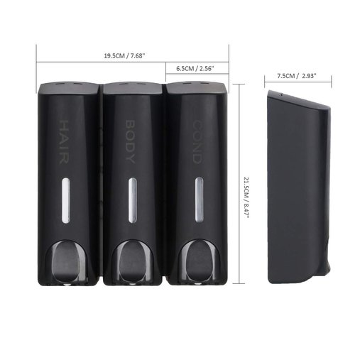 AUMIO Chamber Shower Soap Dispenser Trio Wall Mounted Shampoo and Conditioner Dispenser, Conditioner Body Wash Dispenser Set, No Drill Shampoo Dispenser for Bathroom Hotel, Black