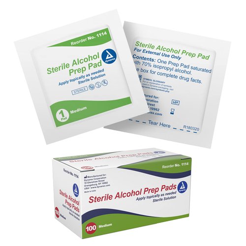 Dynarex Alcohol Prep Pads, Medical-Grade and Non-Woven Prep Pads, Saturated with 70% Isopropyl Alcohol, Rapid-Acting Antiseptic Wipes, 1-Ply, Medium, 1 Box of 100 Alcohol Prep Pads