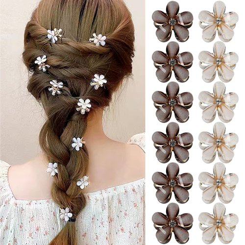 FAELBATY 12 Pcs Mini Flower Hair Clips for Girls & Women, Glitter Clips Rhinestone Hair Clips Metal Clamps Flower Hair Accessories for Girls Kids teens (White&Black)